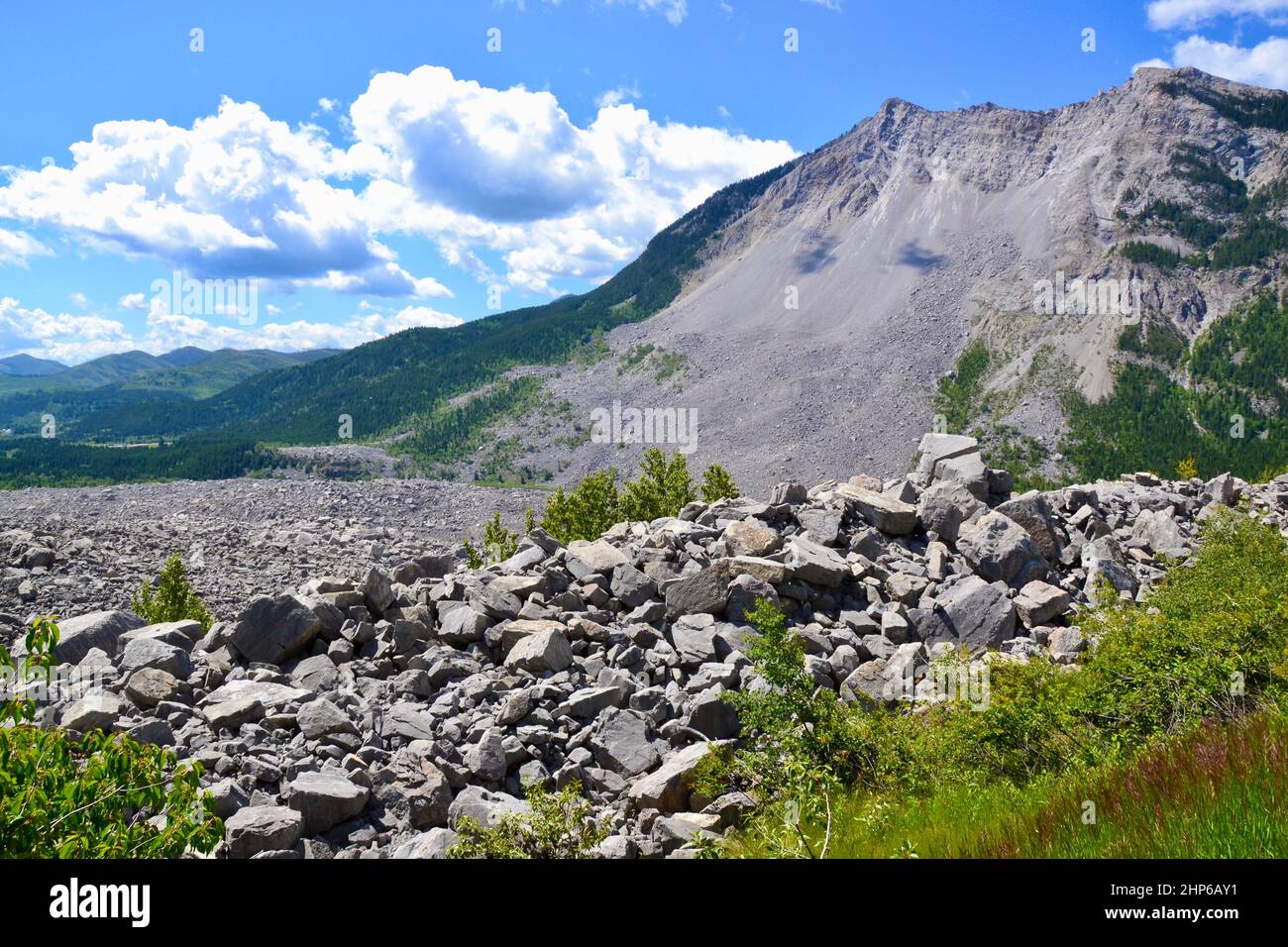 Vista panoramica del paesaggio coperto da scivoli rocciosi e della montagna al Frank Slide durante l'estate Foto Stock