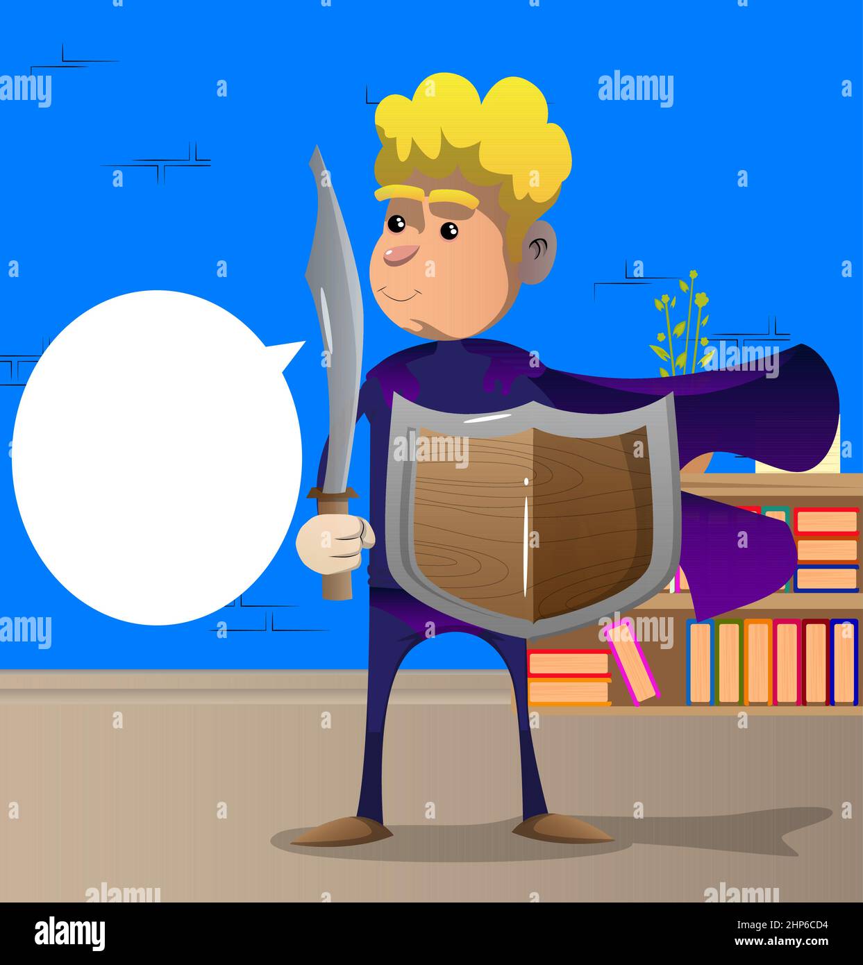 Divertente uomo cartoon vestito come un supereroe che tiene una spada e scudo. Illustrazione Vettoriale