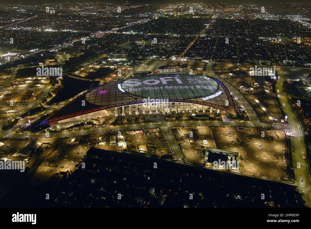 Vista aerea dello stadio SoFi, lunedì 14 febbraio 2022, A Inglewood, California. Foto Stock