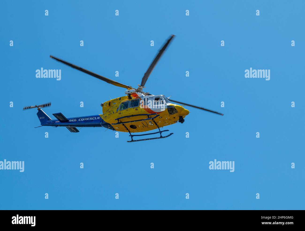 L'elicottero RACQ CQ Rescue decollo dal Mackay base Hospital Foto Stock
