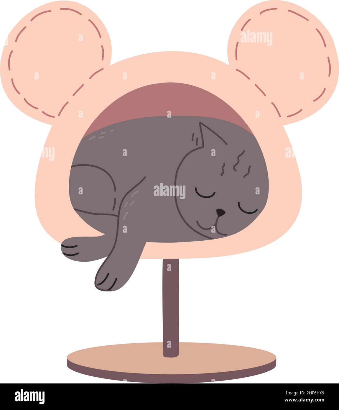 Un gattino grigio sonnolento dorme in una divertente casa per animali domestici. Un gatto stanco e affascinante si trova in una casa rosa con orecchie come un mouse. Simpatico animale divertente disegnato in stile piatto. Immagine vettoriale a colori isolata su sfondo bianco Illustrazione Vettoriale
