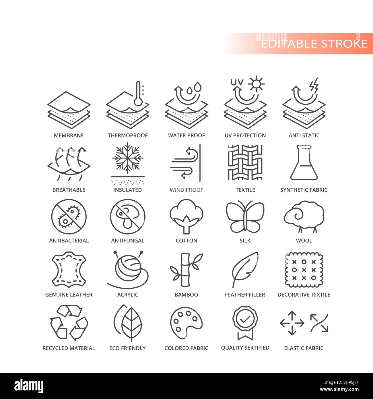 Set di icone vettoriali per la funzione del materiale del tessuto Illustrazione Vettoriale