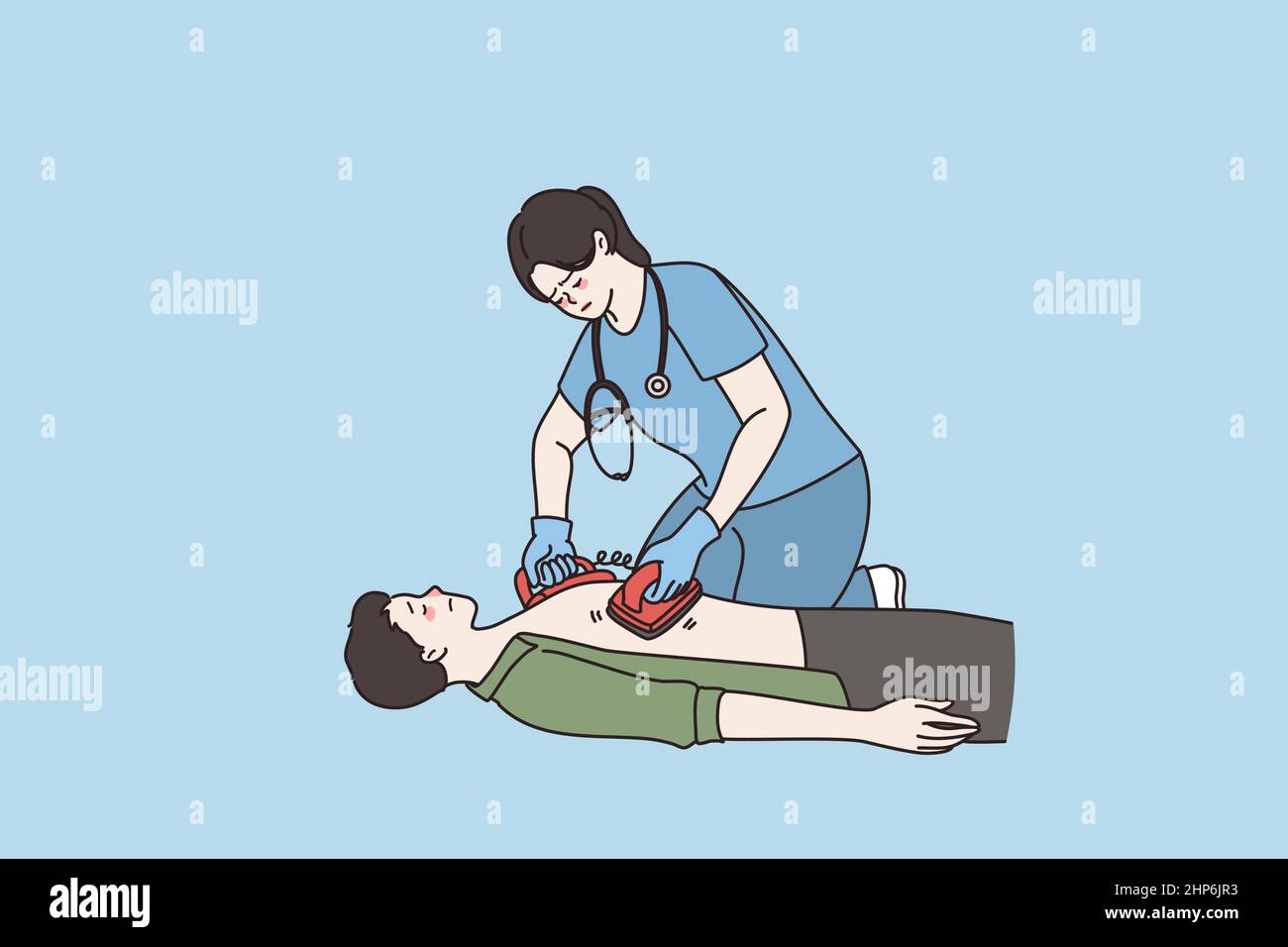 L'infermiere di sesso femminile utilizza il defibrillatore per l'arresto cardiaco Illustrazione Vettoriale