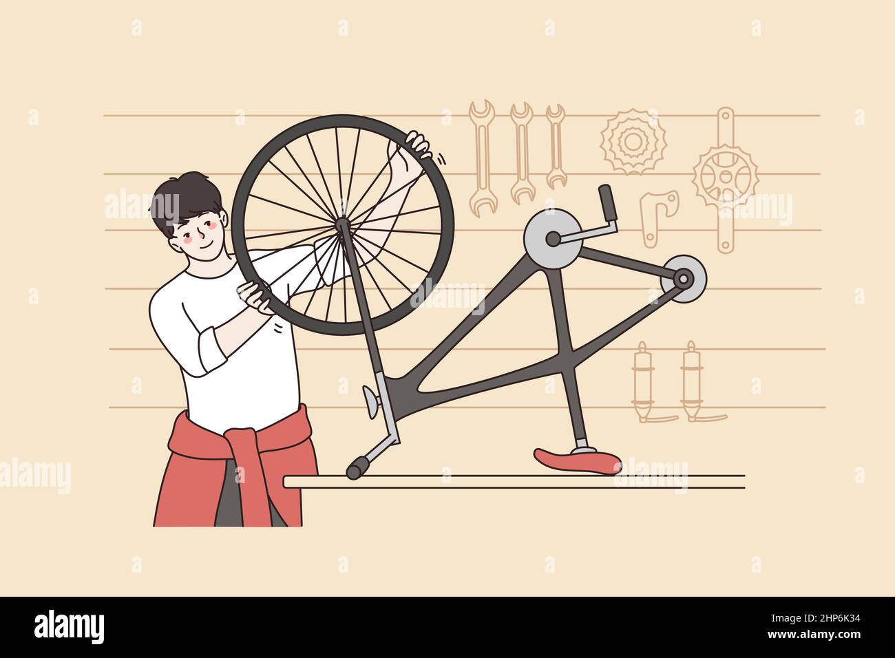 Uomo sorridente riparazione bicicletta in piccola officina Illustrazione Vettoriale