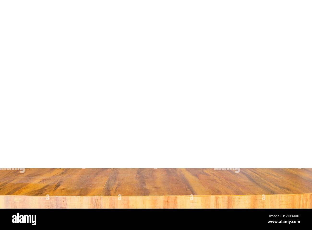 Vuoto lungo moderno bancone in legno sulla parte superiore per mettere oggetti e qualsiasi cosa, isolato su sfondo bianco, copia e spazio Foto Stock