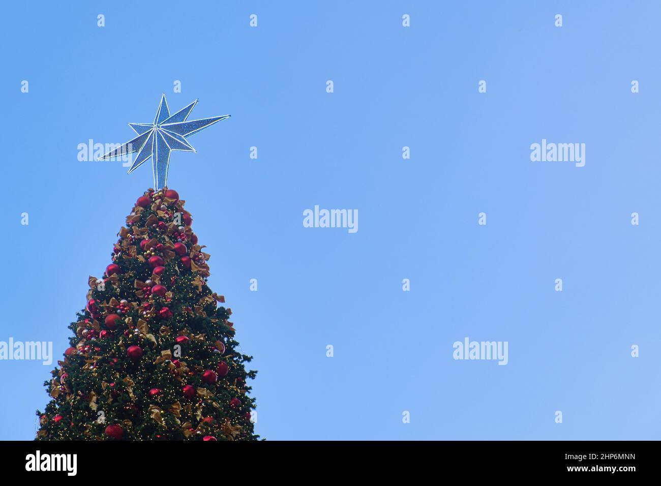 Primo piano del gigante albero di Natale con decorazione a stelle su sfondo blu cielo e spazio copia, evento di Natale per conto alla rovescia per un anno nuovo Foto Stock