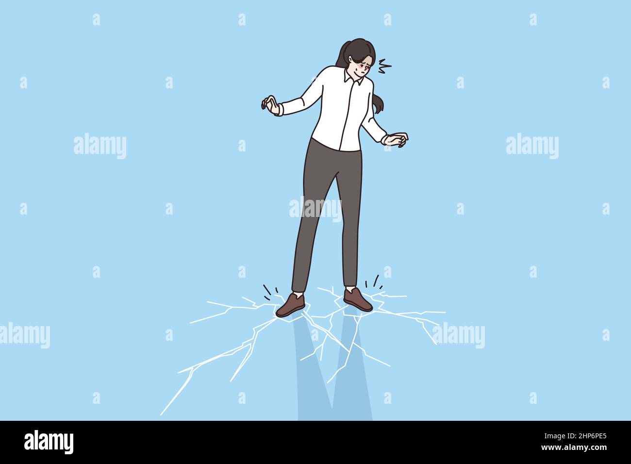 Una donna d'affari ansiosa si sente stressata camminare su ghiaccio sottile Illustrazione Vettoriale
