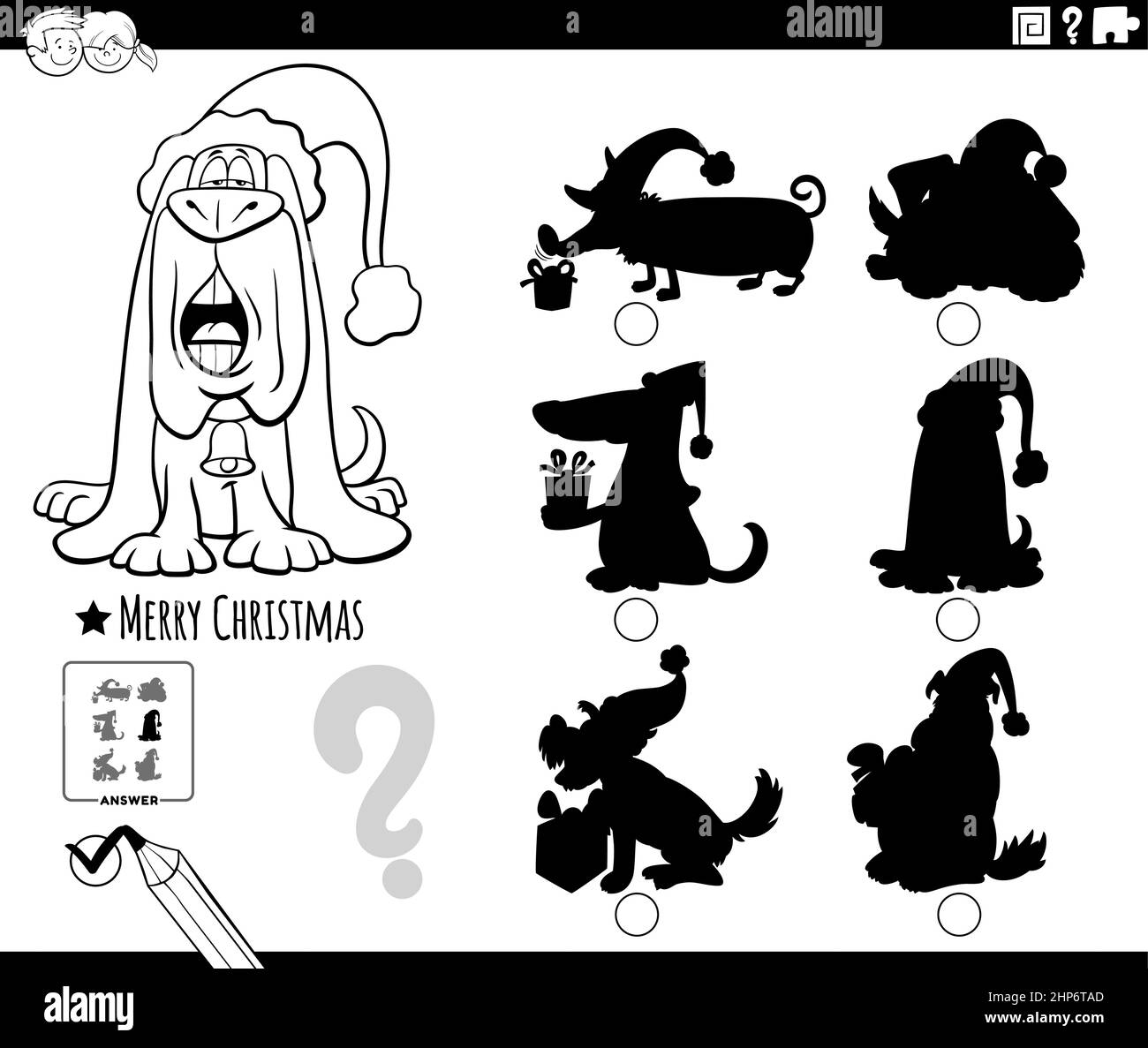 Gioco di ombre con cane cartoon sulla pagina libro colorazione Natale Illustrazione Vettoriale