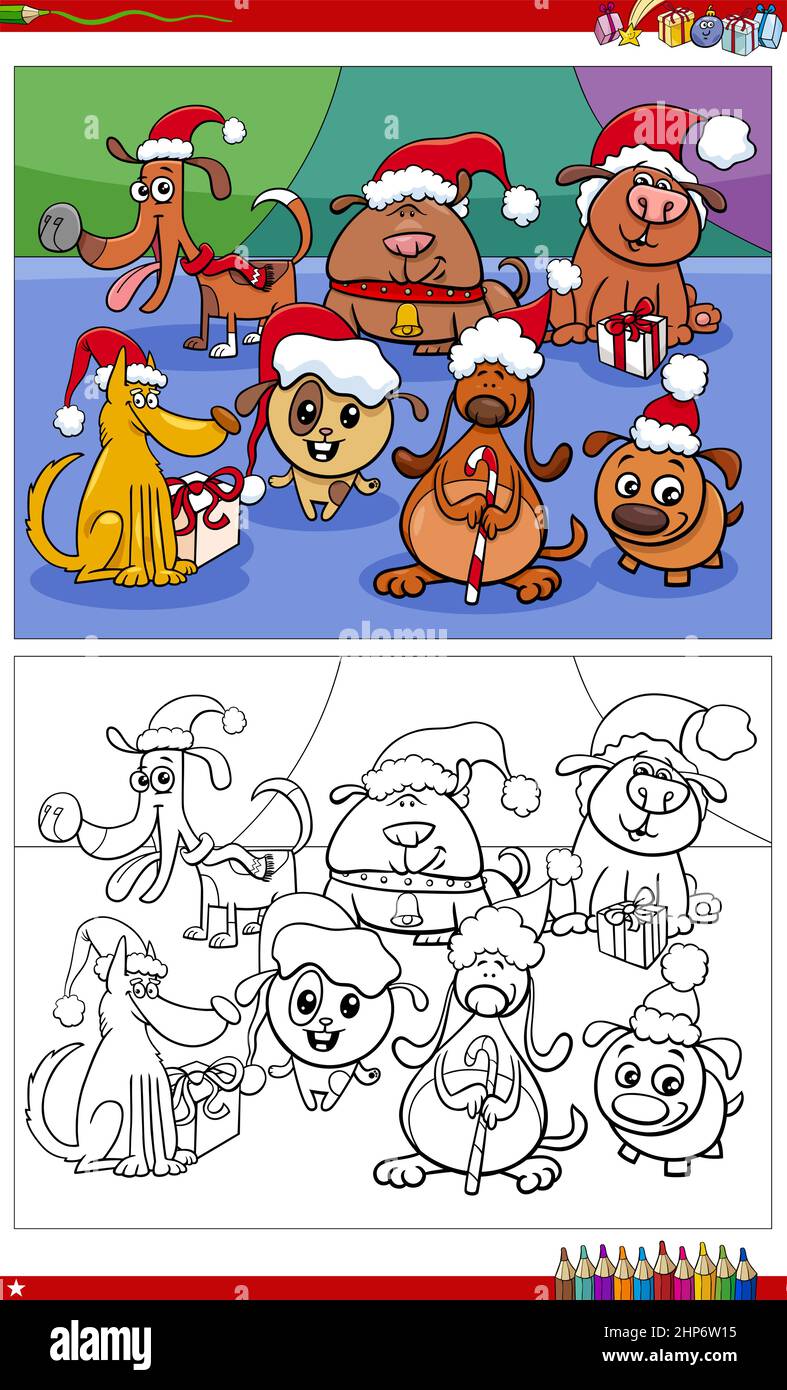 Personaggi del cane cartoon con Natale presenta la pagina del libro da colorare Illustrazione Vettoriale
