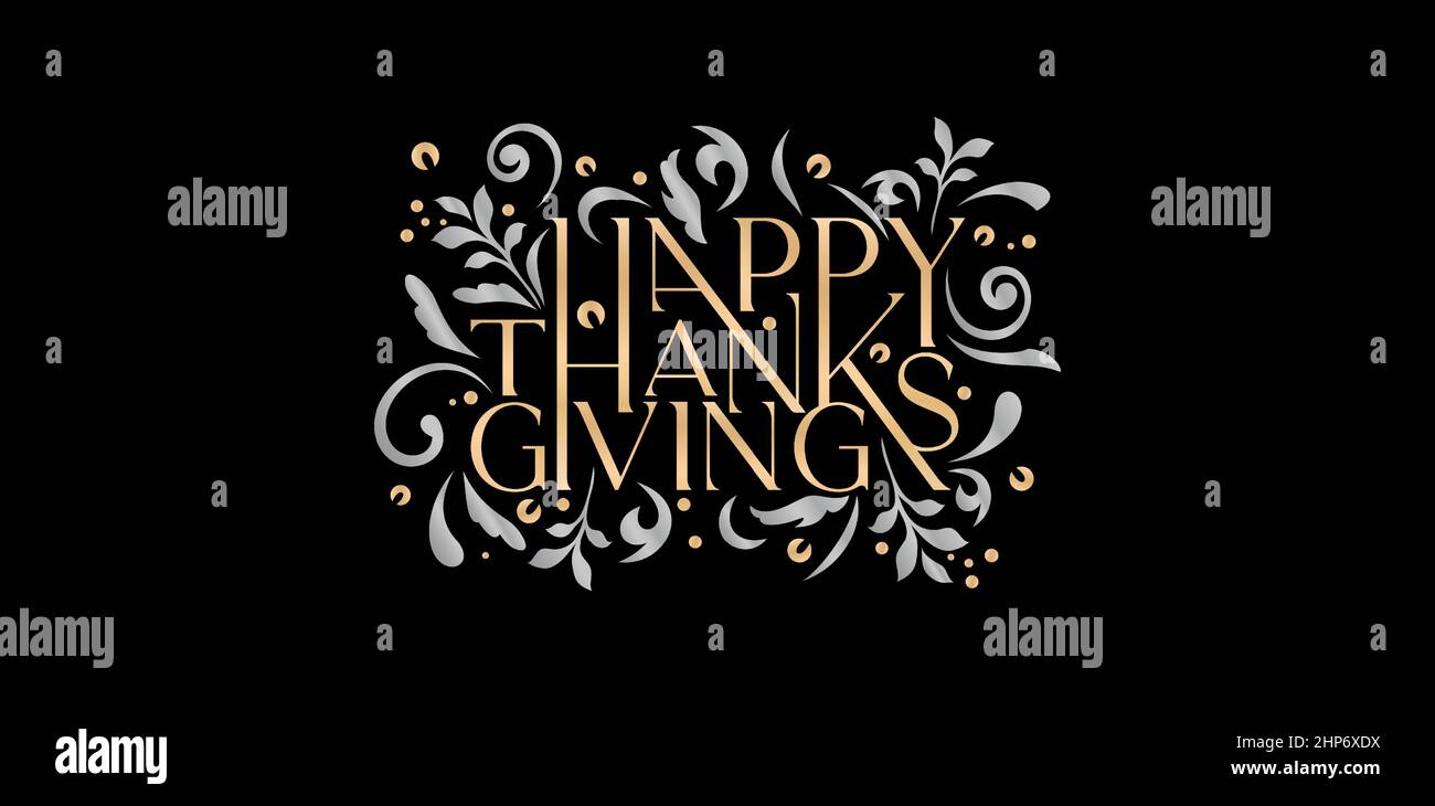 illustrazione di caratteri allegri di ringraziamento con motivo floreale e swirls, colore dorato e argento per biglietti d'auguri, stampa tazza, invito, segno e striscioni Illustrazione Vettoriale