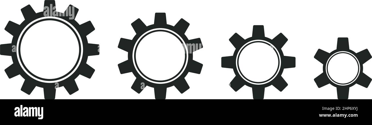 Set vettoriale a ruota dentata simboli in nero su sfondo bianco isolato. Illustrazione Vettoriale