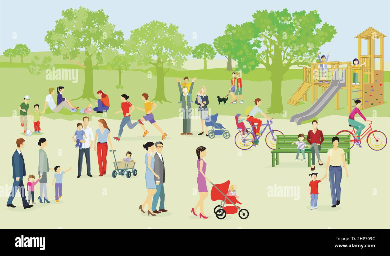 Famiglie e persone a piacere nel parco, llustration Illustrazione Vettoriale
