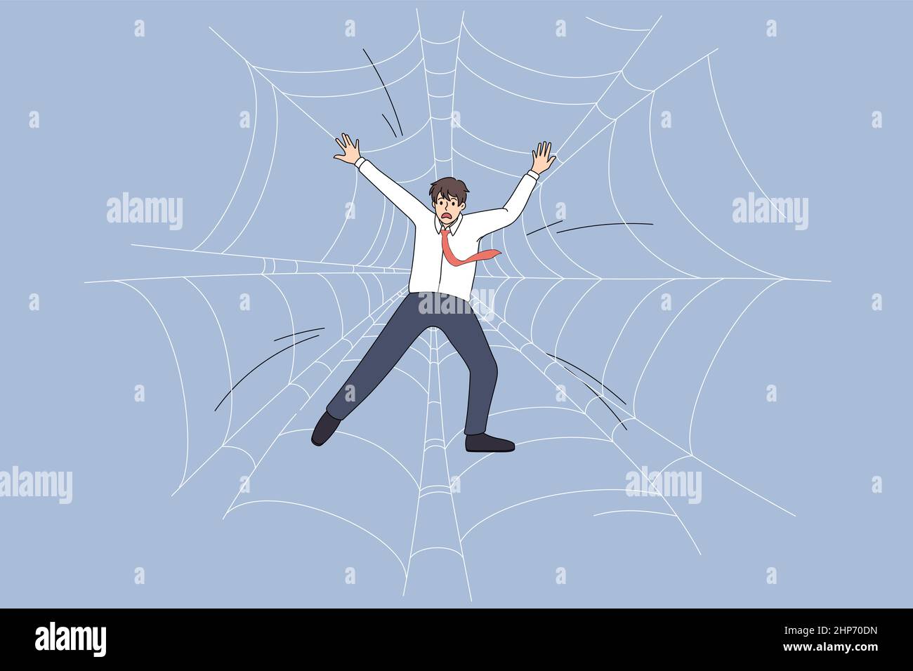 Un uomo d'affari preoccupato intrappolato nella rete di ragno Illustrazione Vettoriale