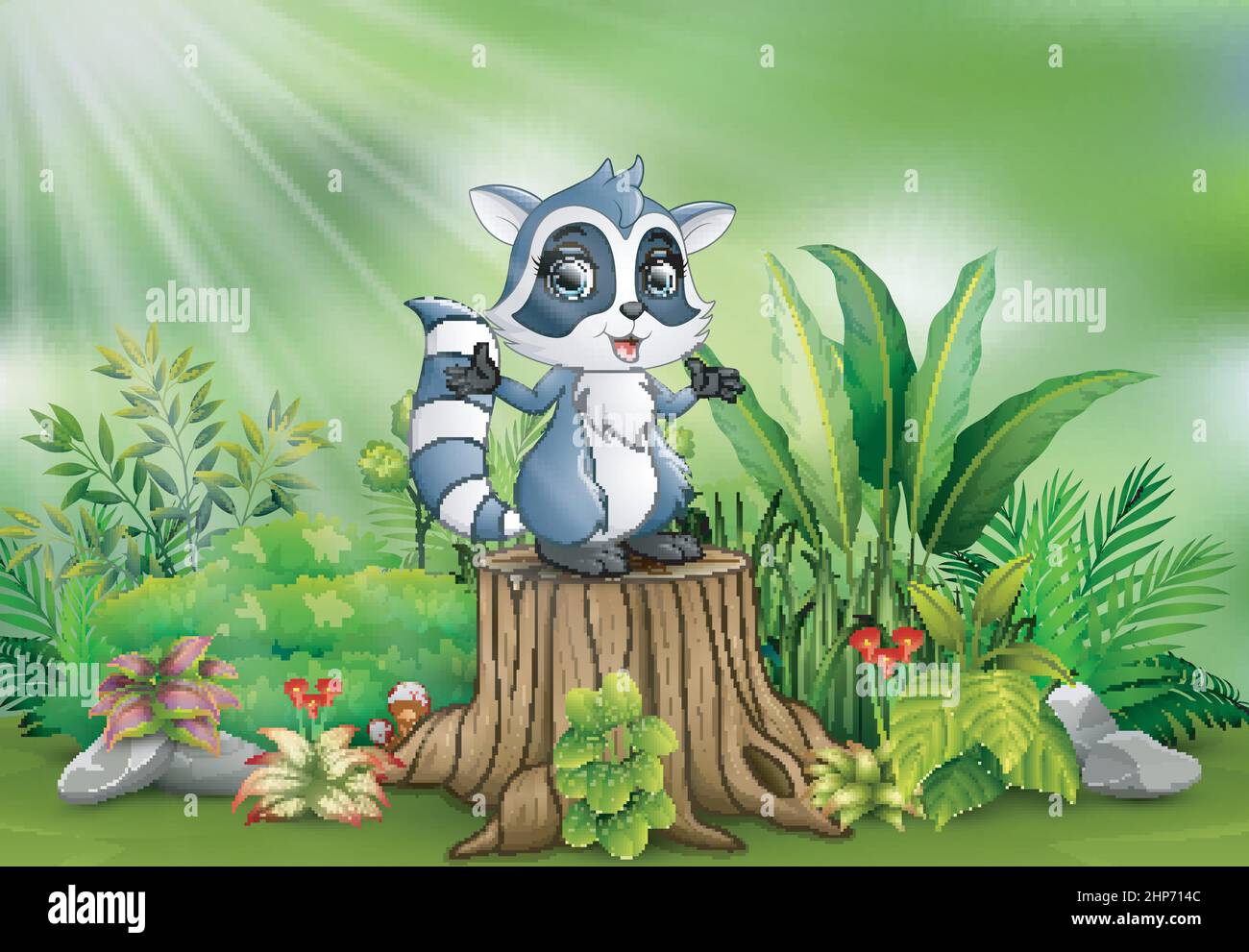 Cartone animato di un raccoon in piedi su ceppo di albero con foglie verdi e pianta di fioritura Illustrazione Vettoriale