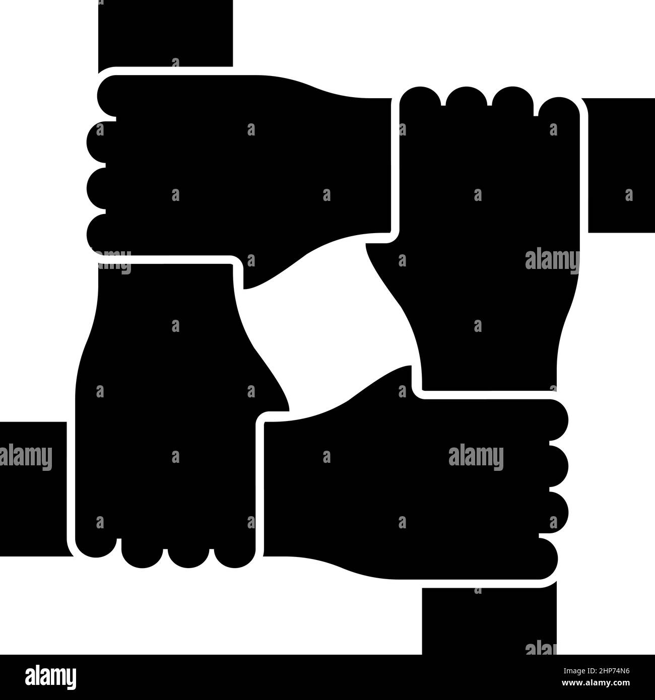 Quattro mani insieme concetto lavoro di squadra unito braccio leader interbloccaggio tra di loro sul polso collaborazione icona di colore nero vettore illustrazione immagine piatta stile Illustrazione Vettoriale