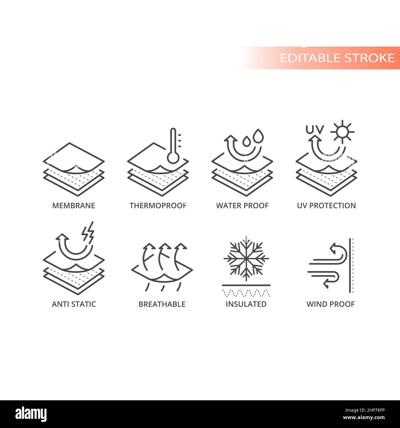 Set di icone vettoriali delle funzioni del materiale del tessuto Illustrazione Vettoriale