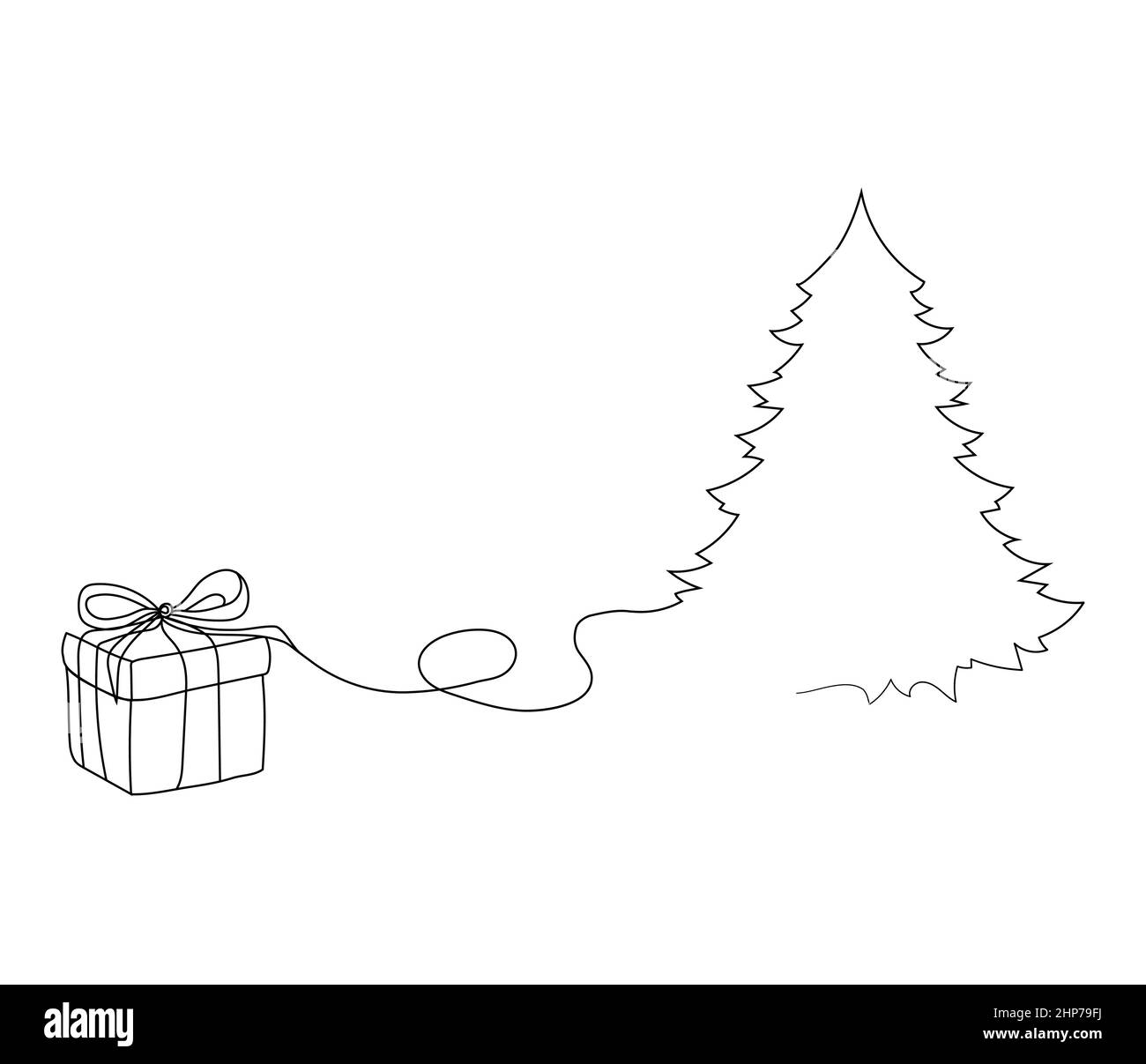 Disegno continuo di un albero di Natale e di un regalo. Minimalismo vettoriale per la festa banner. Illustrazione Vettoriale