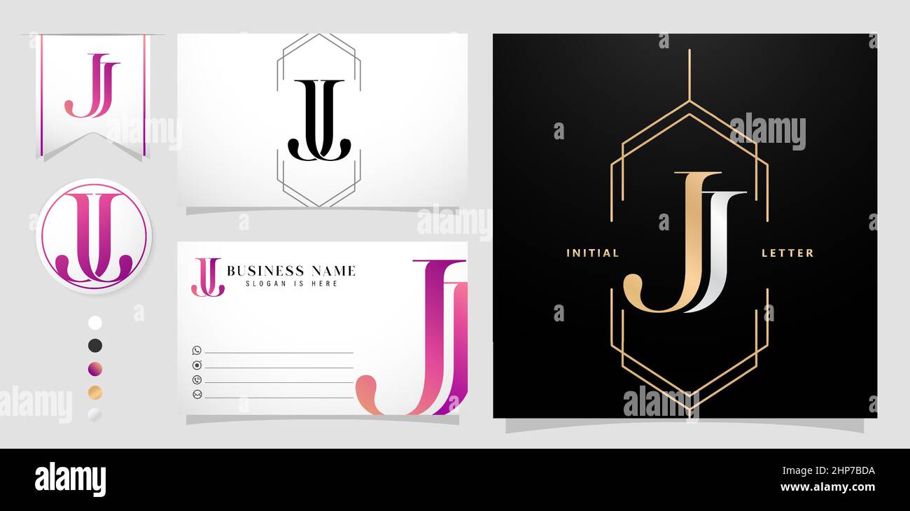 Illustrazione della lettera iniziale di JJ e del nome grafico, logo JJ per il monogramma della coppia di nozze, logo azienda e biglietto di nome di affari, con colore bianco nero, oro e colore viola sfumato sfondo isolato Illustrazione Vettoriale