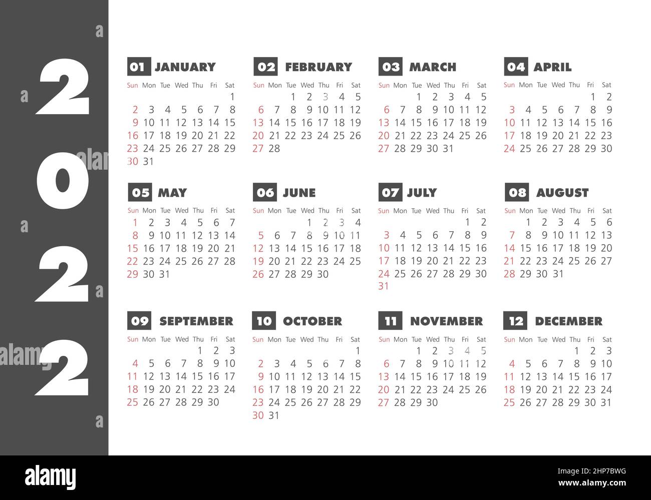 Calendario vettoriale 2022 anni. La settimana inizia da domenica Illustrazione Vettoriale