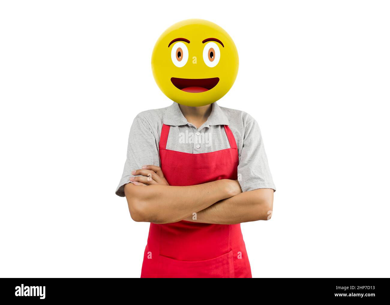 Emoji testa shopman in piedi con le braccia ripiegate e sorridenti alla fotocamera isolato sfondo bianco.concetto Emoji. Foto Stock