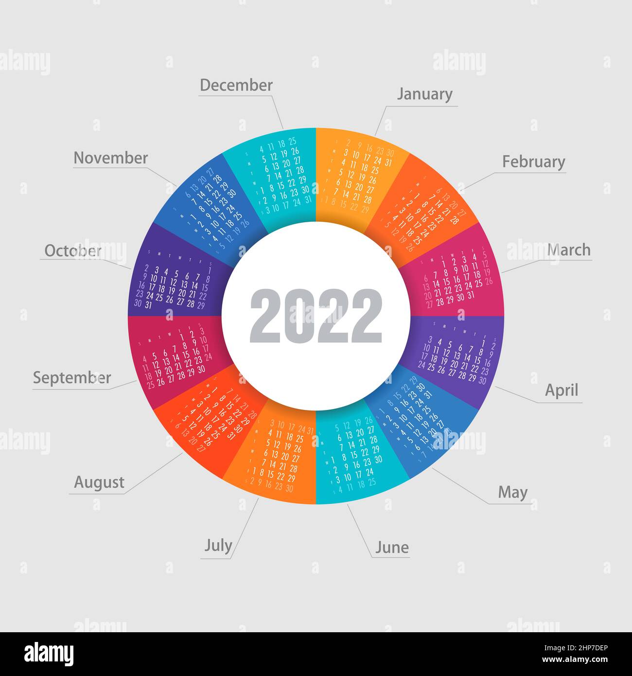 Calendario 2022 forma rotonda. La settimana inizia da domenica Illustrazione Vettoriale