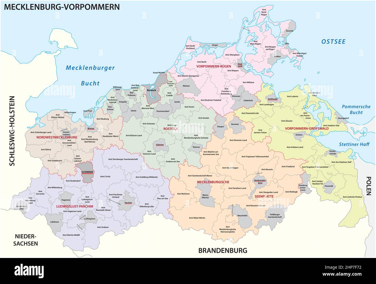 Mappa vettoriale amministrativa dello stato di Meclemburgo-Pomerania occidentale, Germania Illustrazione Vettoriale