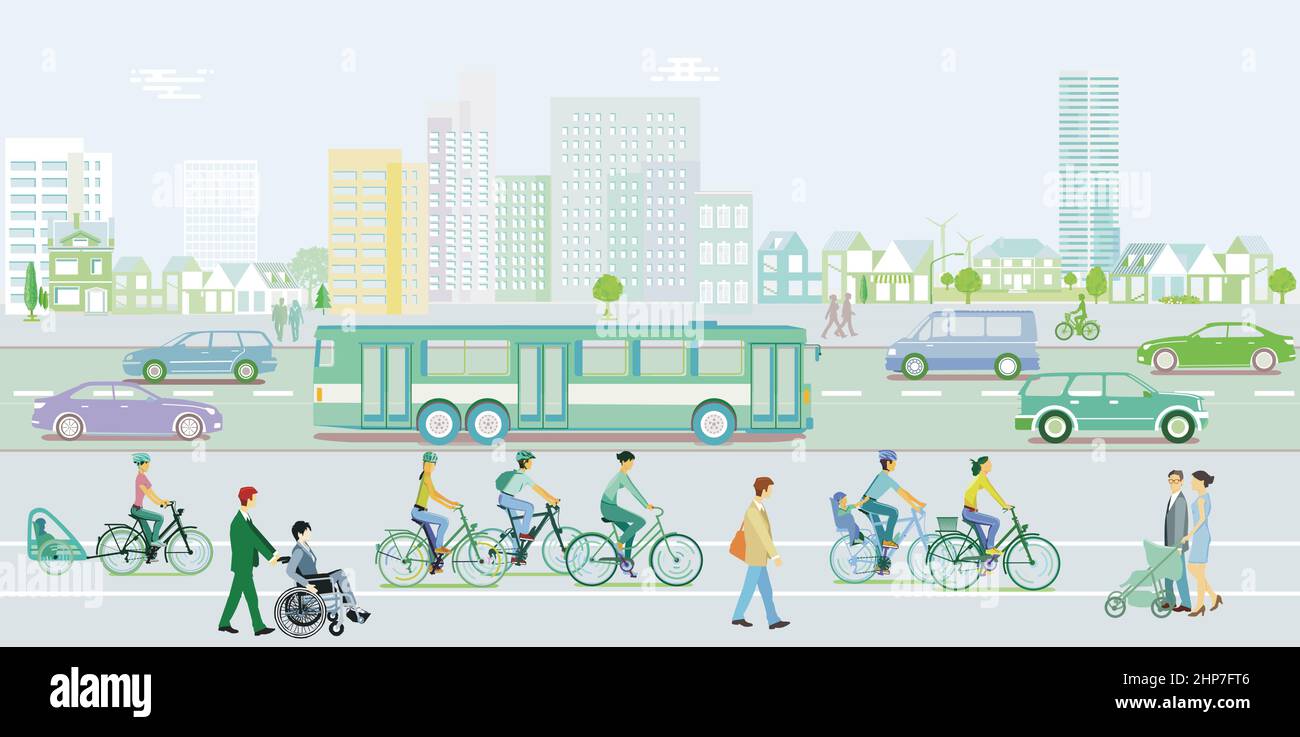 Silhouette cittadina con sviluppo sostenibile, illustrazione Illustrazione Vettoriale