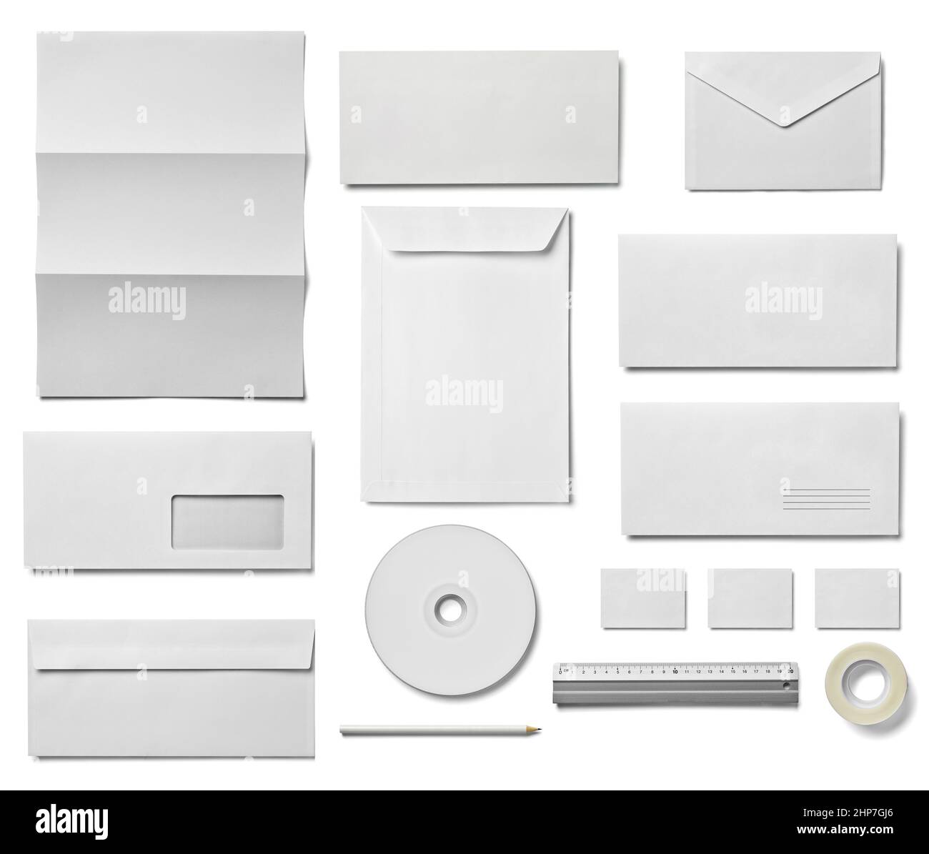 Raccolta di vari white business stampa, matita,clip foldback modelli su sfondo bianco. ciascuno è girato separatamente Foto Stock