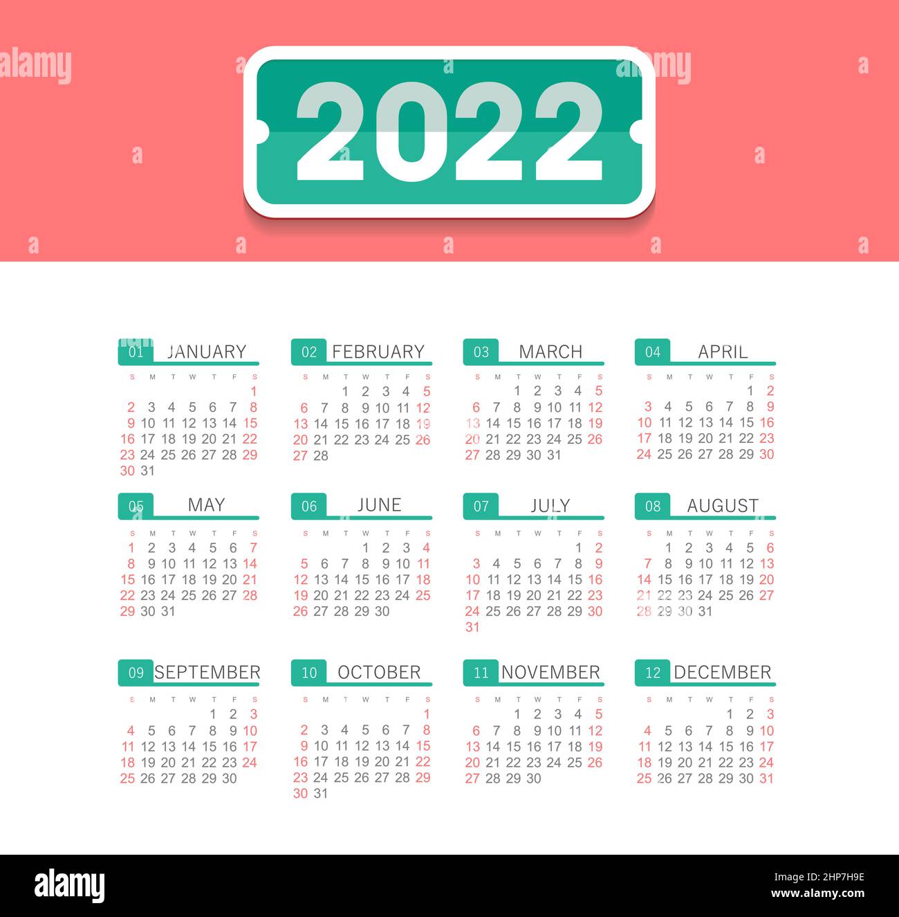 Calendario vettoriale 2022 anni. La settimana inizia da domenica Illustrazione Vettoriale