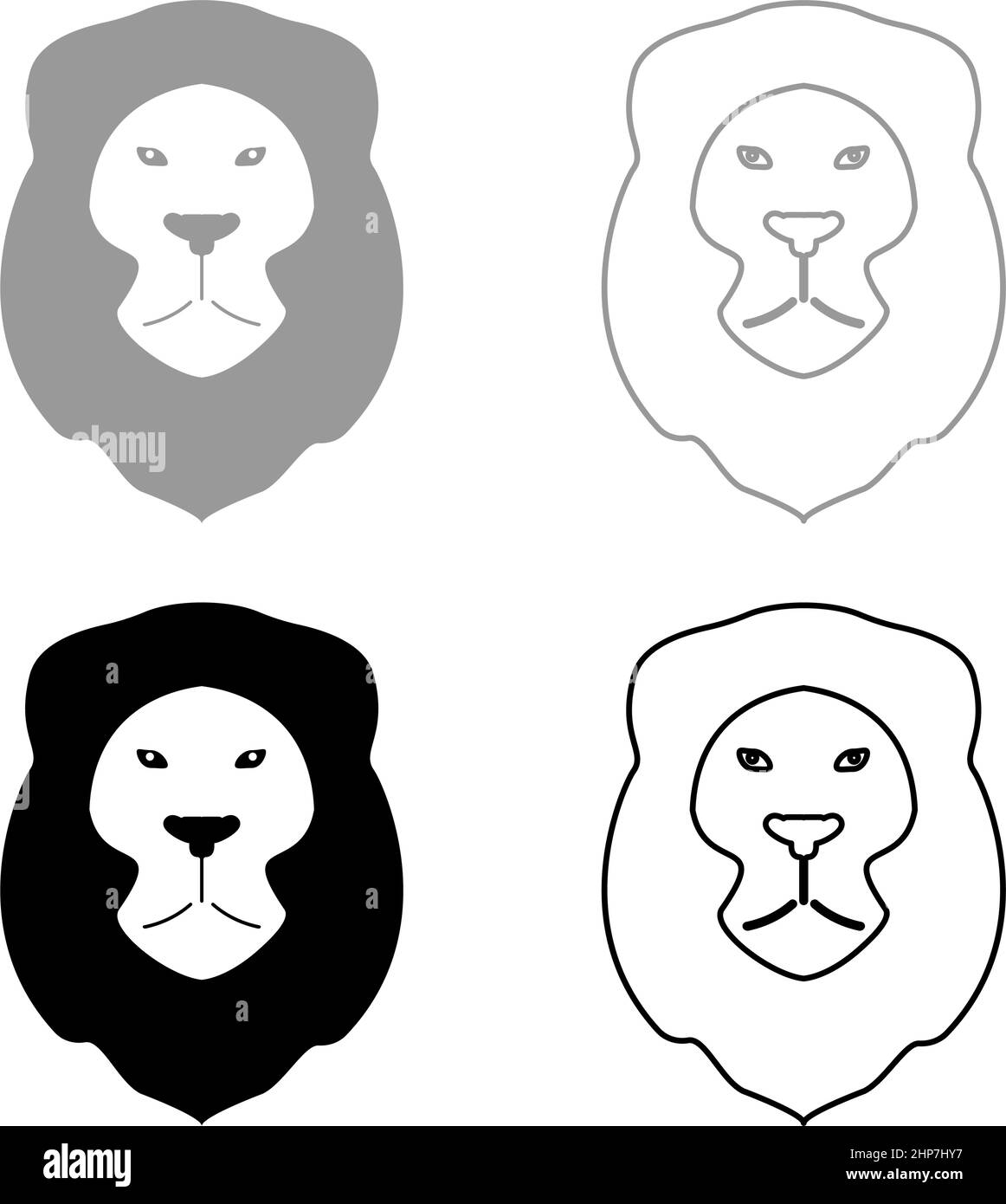 Leone animale selvaggio testa gatto Imposta icona grigio nero colore vettore illustrazione immagine stile piatto pieno contorno linea sottile Illustrazione Vettoriale