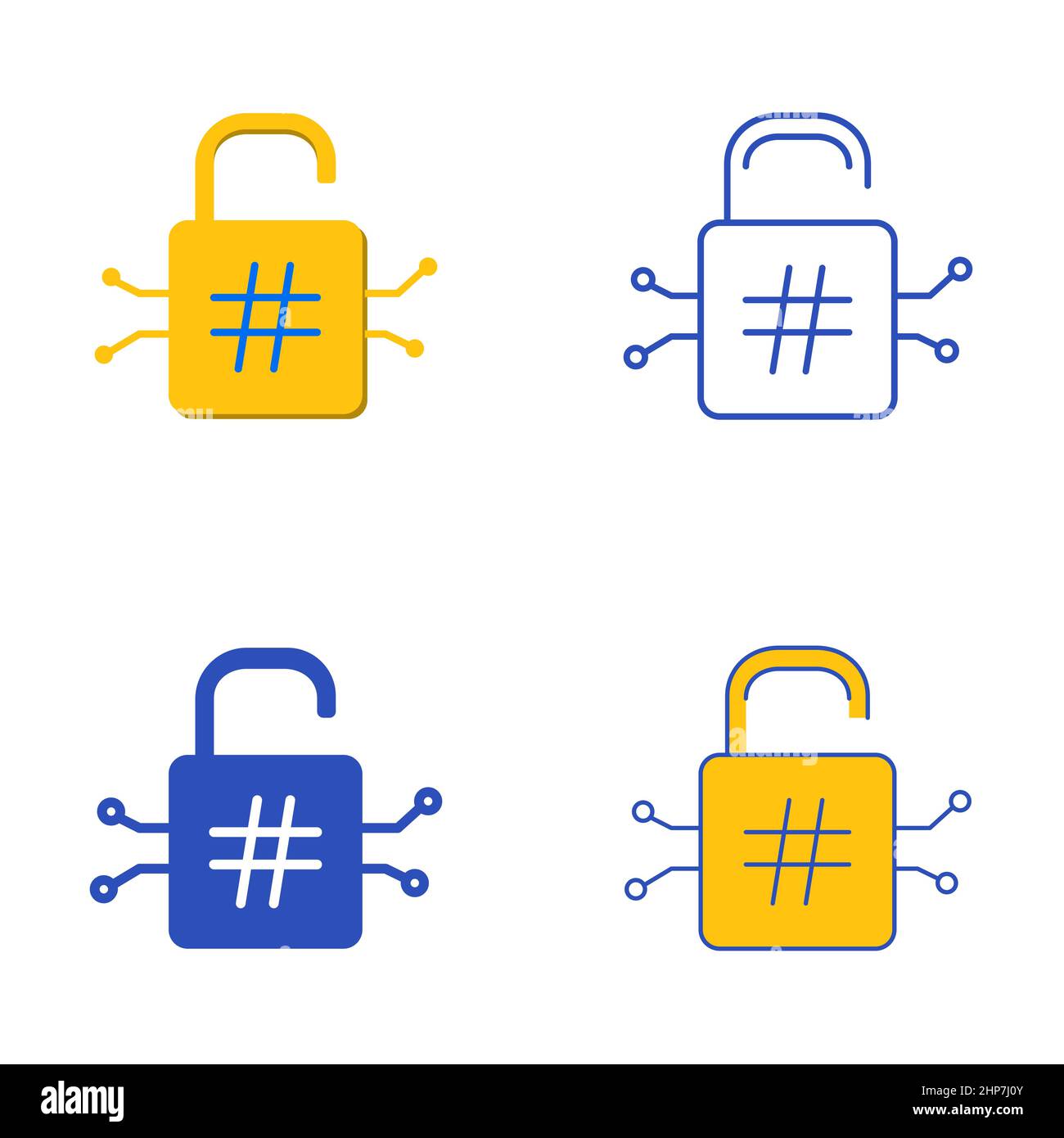 Icona della funzione hash crittografica impostata in stile piatto e lineare. Simbolo della tecnologia di comunicazione protetta. Illustrazione vettoriale. Illustrazione Vettoriale