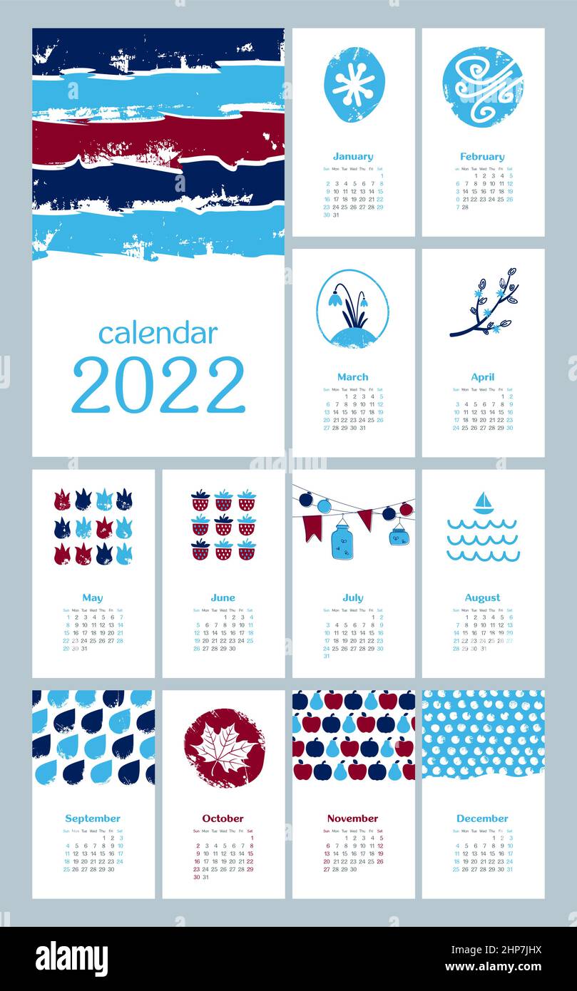 Calendario 2022 anno. La settimana inizia da domenica Illustrazione Vettoriale