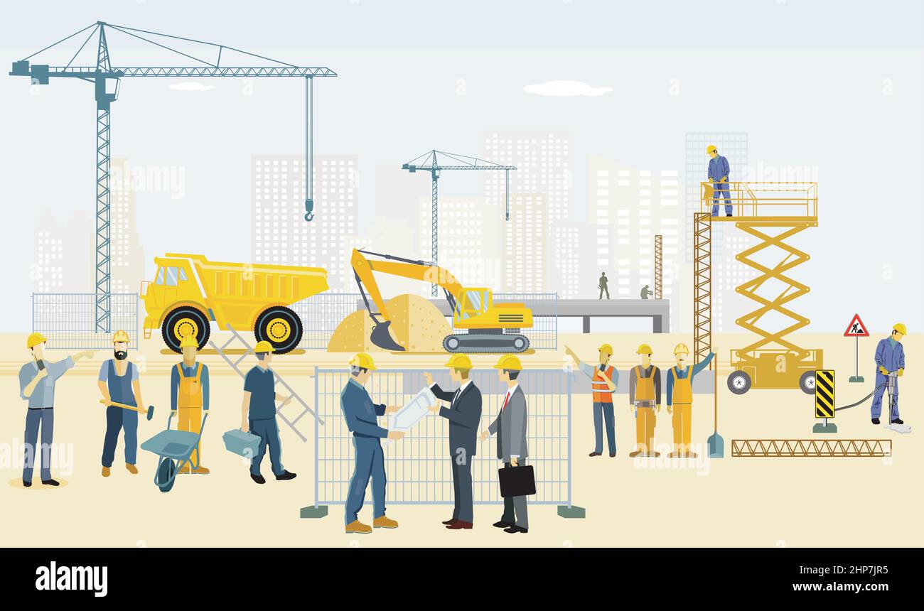 Cantiere con escavatore, architetto e autocarro pesante Illustrazione Vettoriale