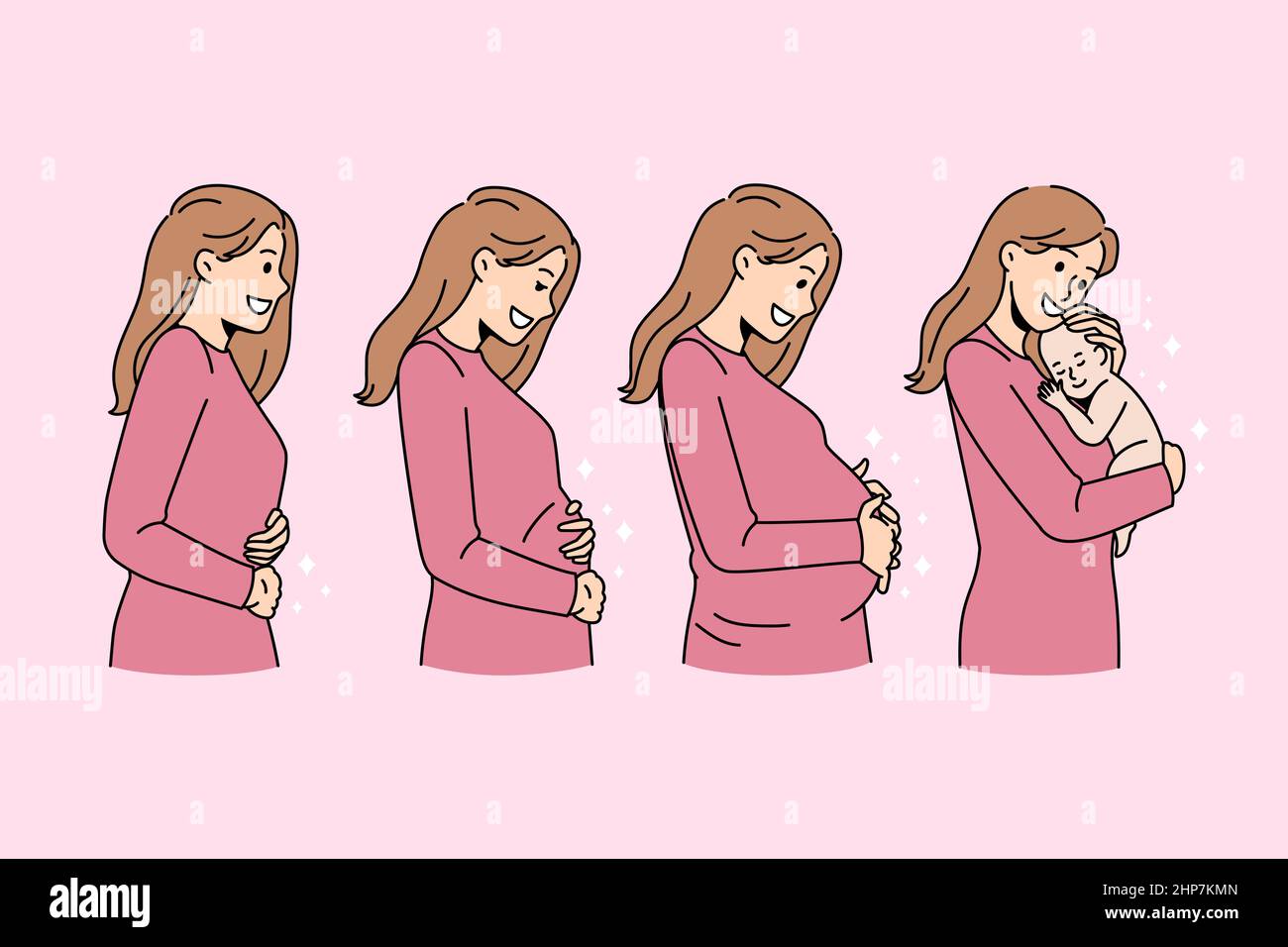 Donna sorridente durante diverse fasi di gravidanza Illustrazione Vettoriale