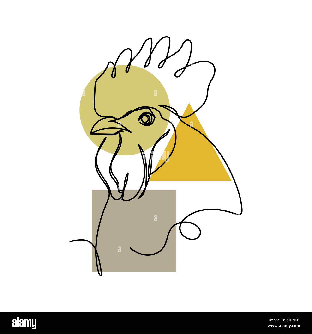Vettoriale astratto continuo un'icona di disegno a linea singola di un bel gallo di pollo in schizzo di silhouette su sfondo bianco. Perfetto per biglietti d'auguri, inviti alle feste, poster, adesivi, spilla, scrapbookin Illustrazione Vettoriale