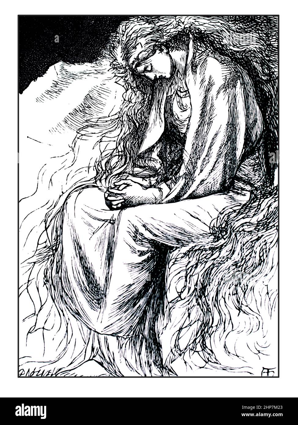 Lady North Wind con capelli molto lunghi, illustrazione del 1869, di Arthur Hughes, dalla parte posteriore del vento del Nord, di George MacDonald Foto Stock
