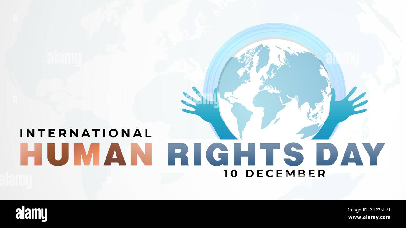 Vettore dei mesi di consapevolezza della Giornata internazionale dei diritti umani, 10 dicembre illustrazione con globo e mani. Per poster, volantino, banner e simbolo dell'umanità Illustrazione Vettoriale