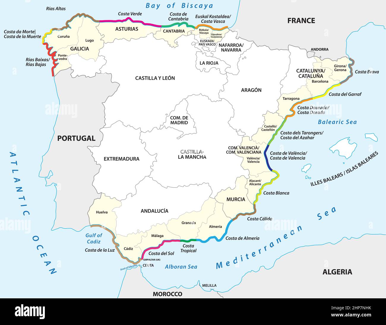 Mappa vettoriale delle coste turistiche della Spagna Illustrazione Vettoriale