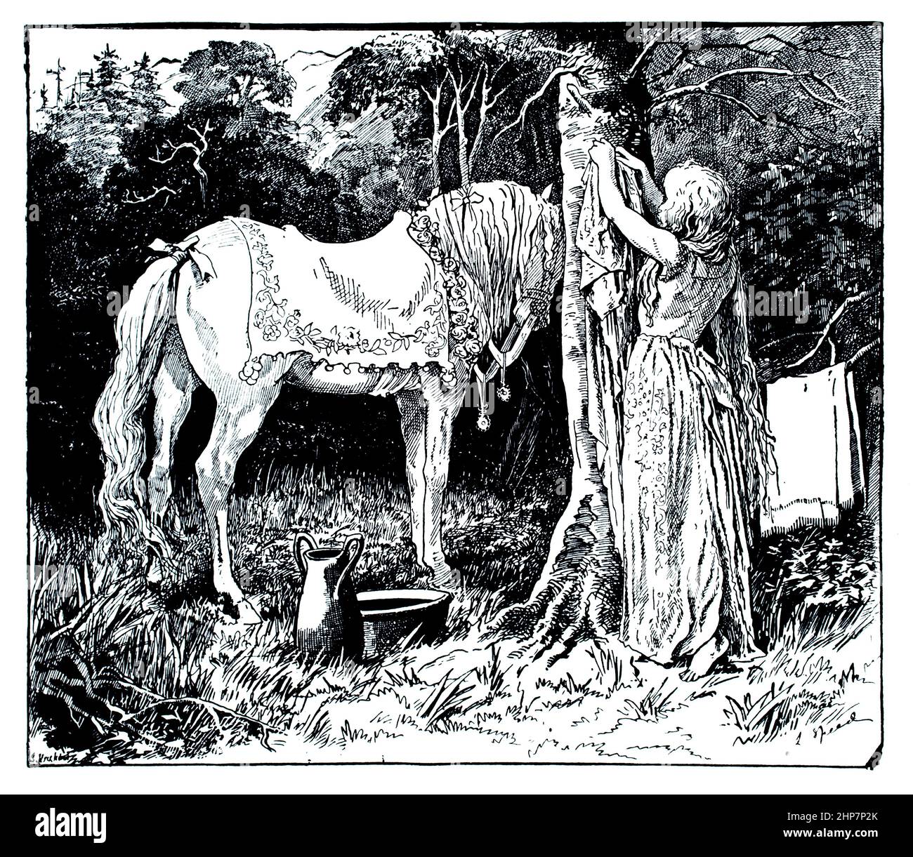 Donna e cavallo che vivono in boschi, 1890 illustrazione di Lancelot velocità: Dal Libro delle fate rosse Foto Stock