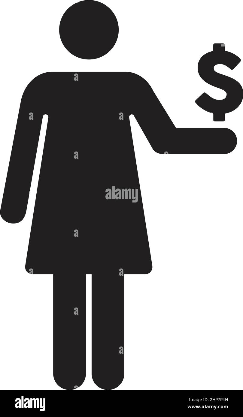 Simbolo del dollaro con simbolo di valuta vettoriale dell'icona della donna per il commercio e la finanza in un'illustrazione di pittogramma di glifo a colori piatta Illustrazione Vettoriale