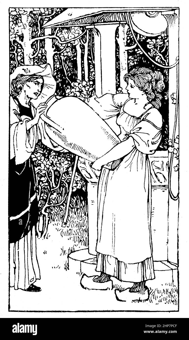 Donna in zoccoli con grande vaso 1895 illustrazione da H Granville cadde: Da Fairy Gifts e Tom Hickathrift da Grace Rhys Foto Stock