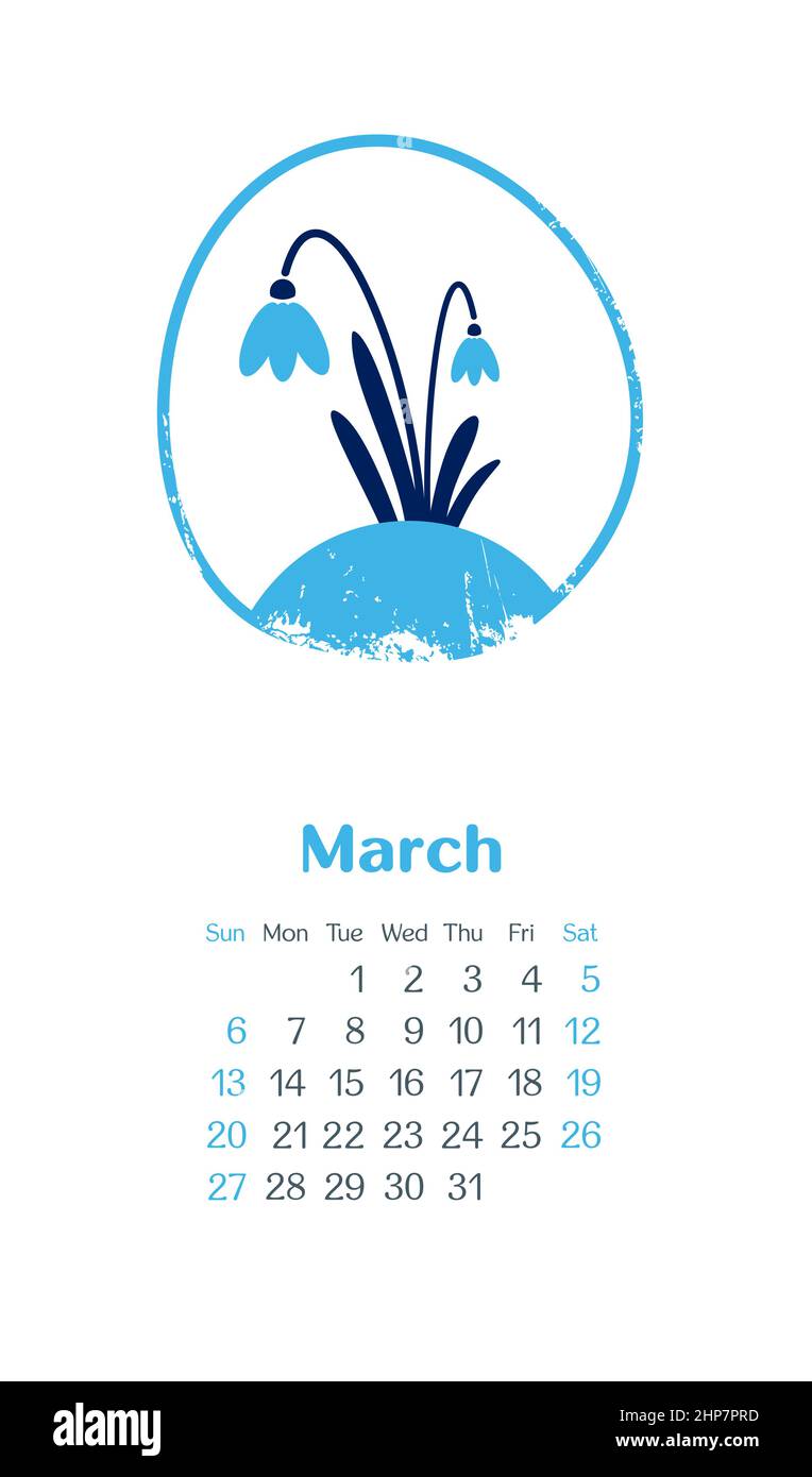 Calendario 2022 mesi Marzo. La settimana inizia domenica Illustrazione Vettoriale