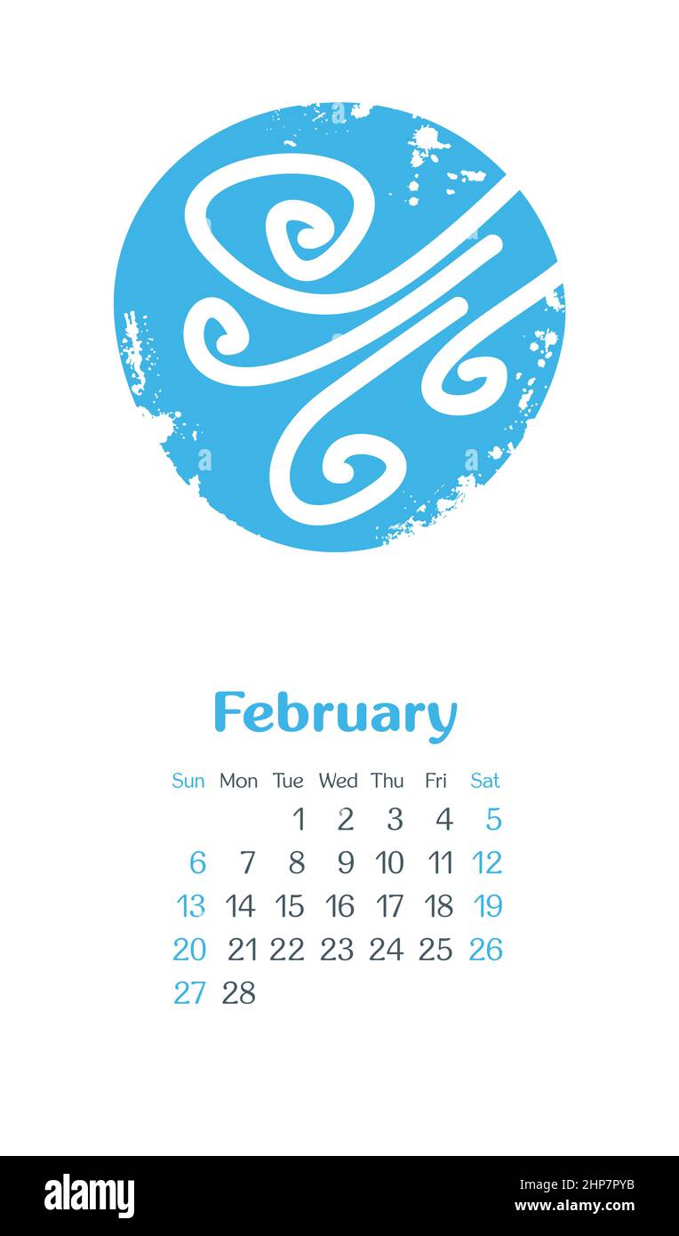 Calendario 2022 mesi Febbraio. La settimana inizia domenica Illustrazione Vettoriale
