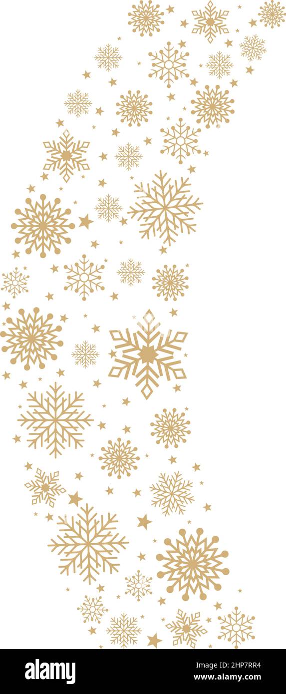 Vettore ornato di Natale con fiocchi di neve e stelle. Disposizione ondulata in oro. Illustrazione Vettoriale