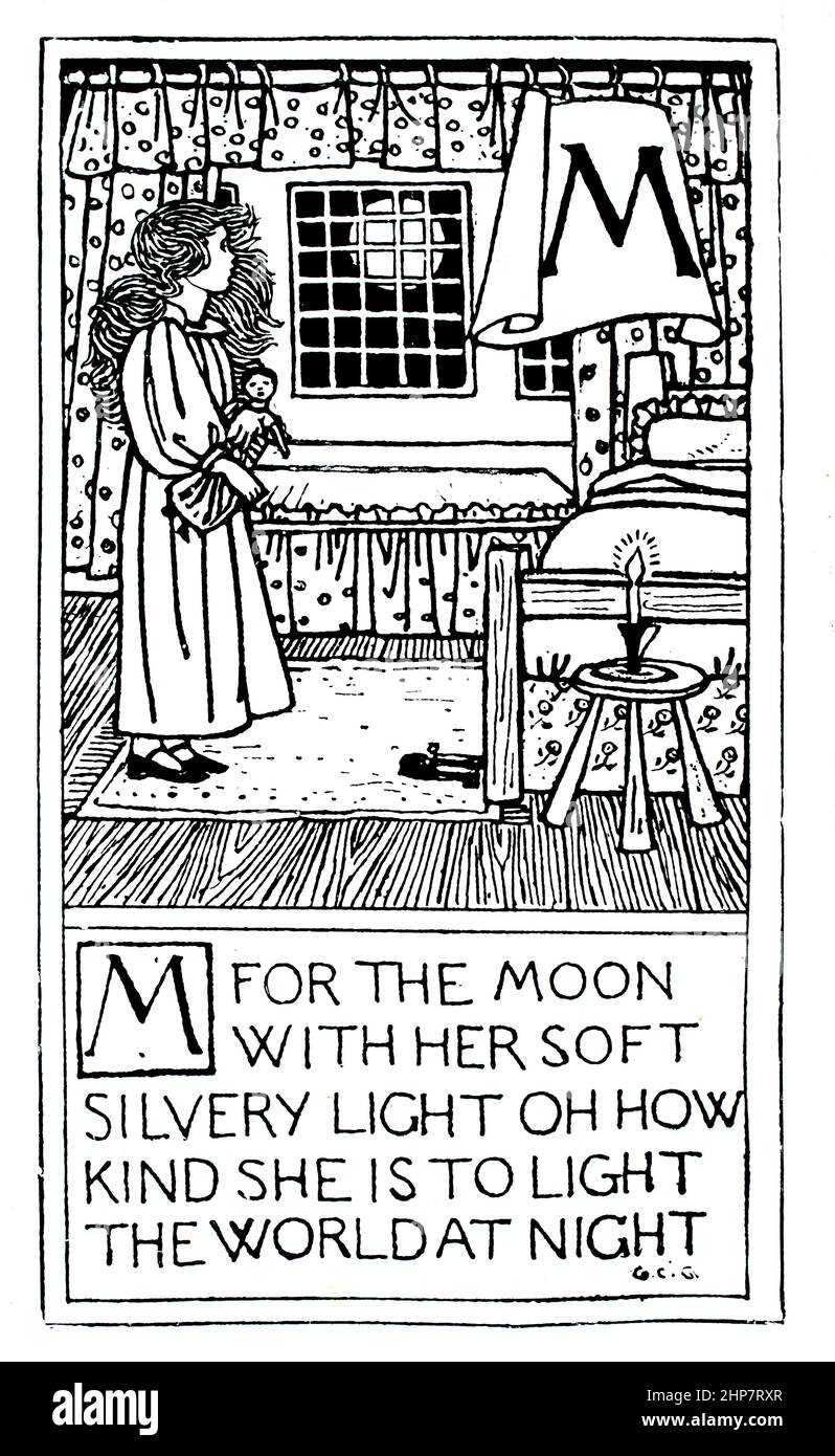 Camera da letto vittoriana per bambini, M per la Luna, illustrazione 1895 la sig.ra Georgina Gaskin: Da ABC An Alphabet, pubblicata da Elkin Mathews Foto Stock