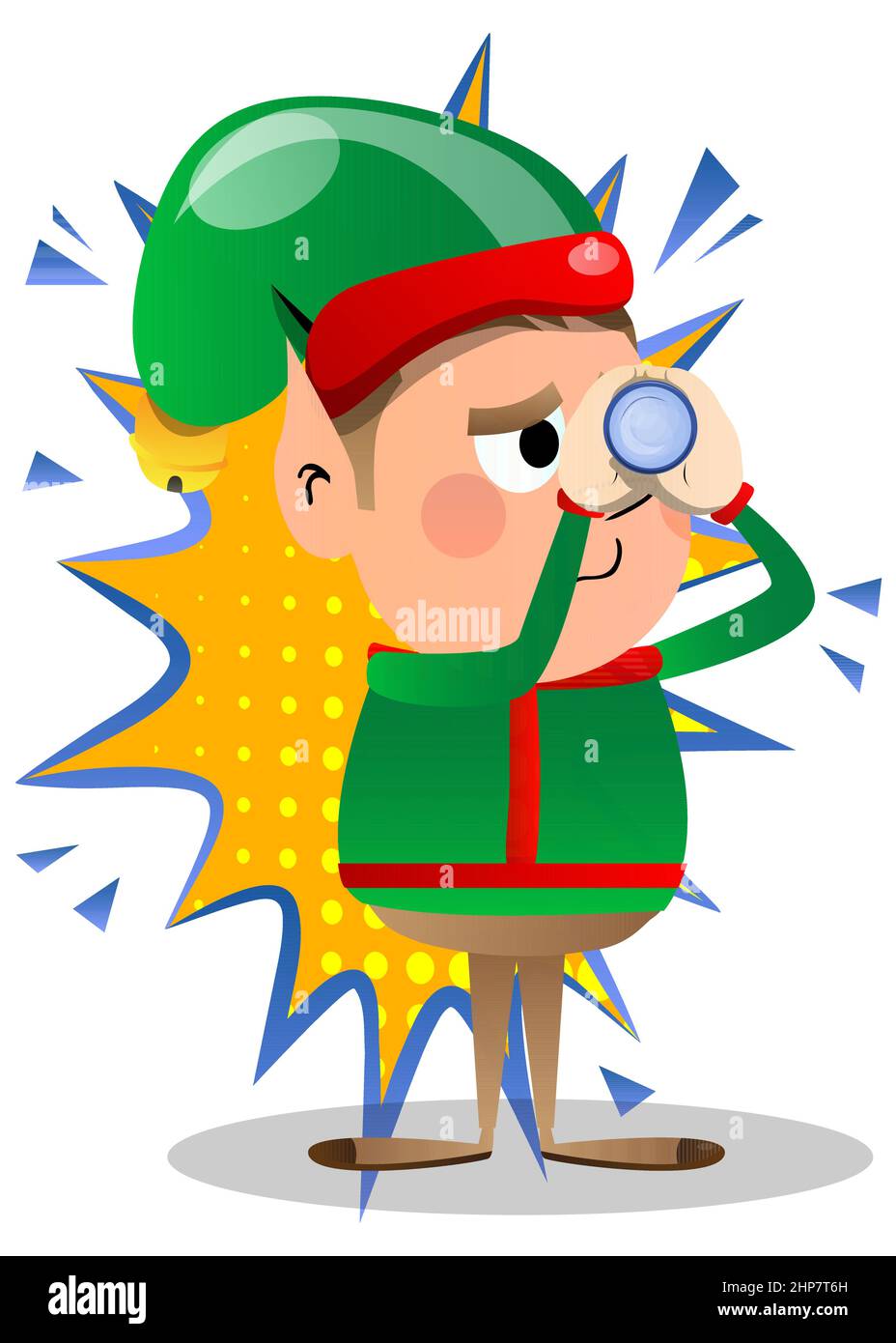 Elfo di Natale che tiene binocolo nelle sue mani. Illustrazione Vettoriale