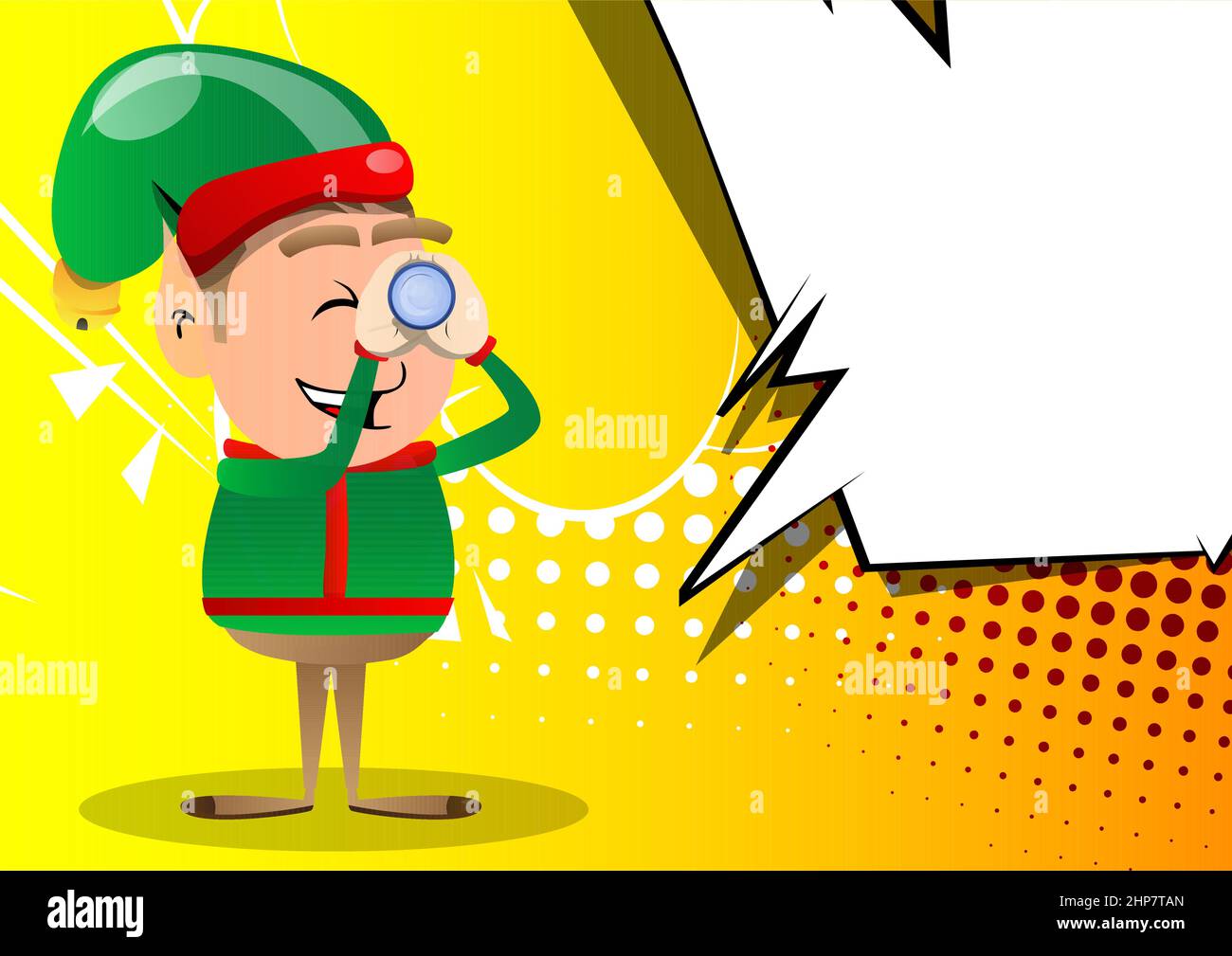Elfo di Natale che tiene binocolo nelle sue mani. Illustrazione Vettoriale