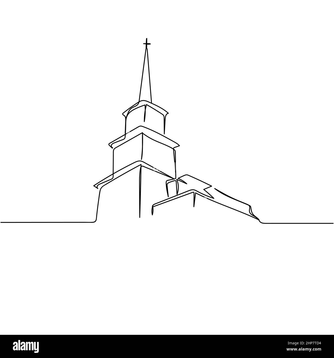 Vettore continuo una sola linea disegno icona della chiesa in silhouette su sfondo bianco. Stilizzato lineare. Illustrazione Vettoriale