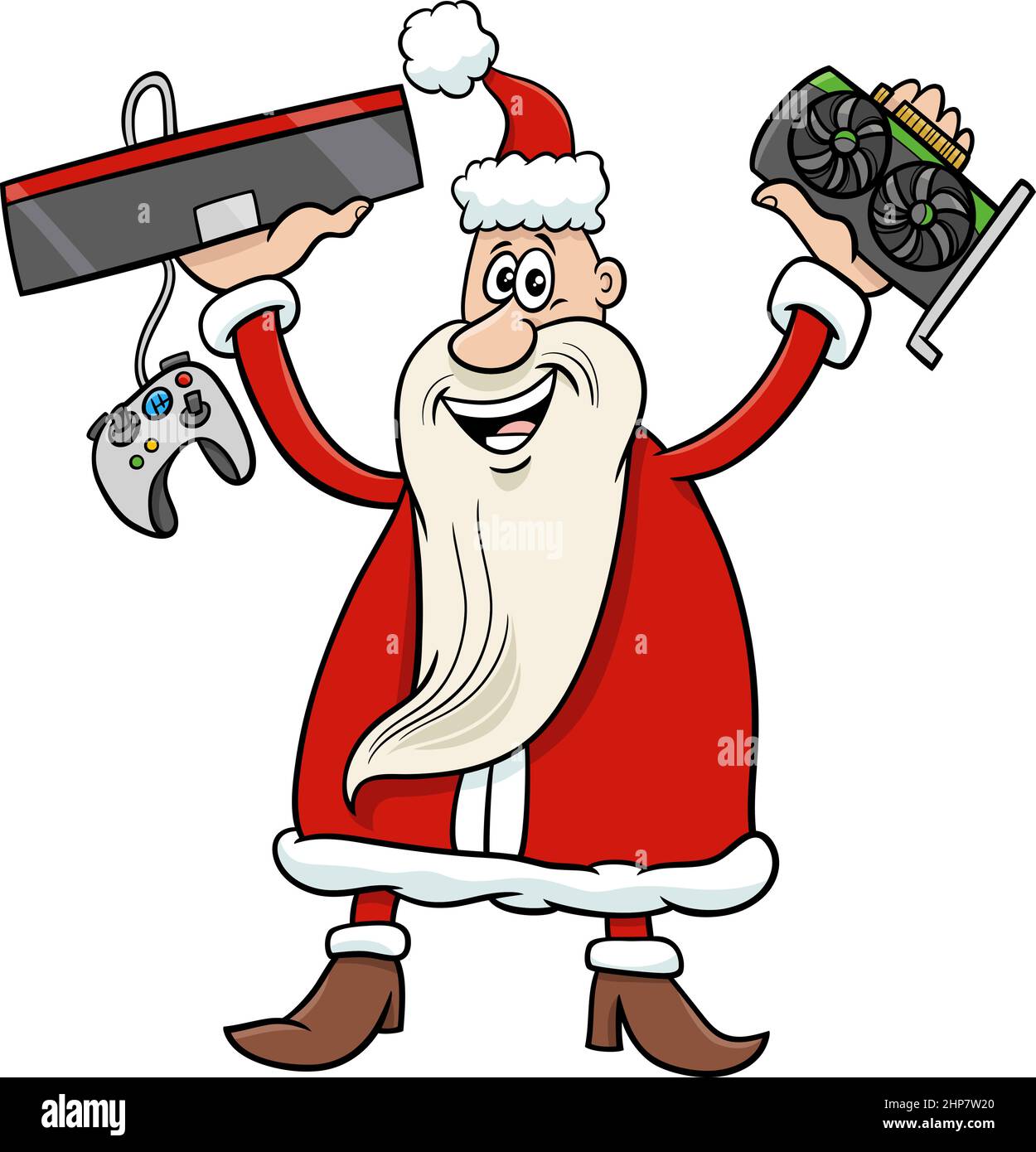 Cartoon Babbo Natale con scheda grafica e console di gioco Illustrazione Vettoriale