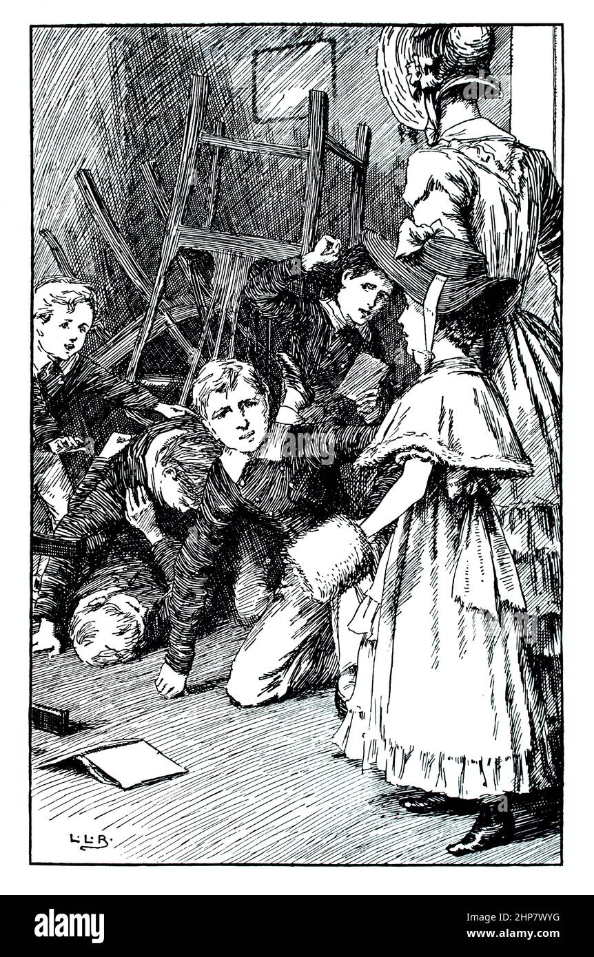 Ragazzi che combattono in aula scolastica, illustrazione del 1897 di Leonard Leslie Brooke, di Miss mouse e dei suoi ragazzi, di Mary Louisa Molesworth, pubblicata da Macmill Foto Stock